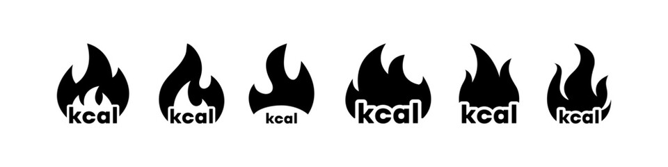 Burning calories icon set. Calorie sign with flame. Dieting and doing sports. Healthy living. Burn kilocalories. Vector