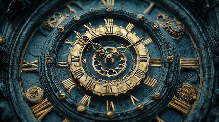 Obraz premium Close-up shot of an intricate clock face with roman numerals, gold accents and a detailed gear system.