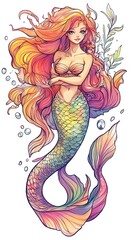 Colorful Mermaid with Long Flowing Hair and Fishtail, Magical Sea Creature Illustration