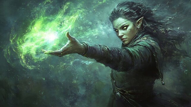 Fantasy Elf Woman Casting Magic Spell With Green Energy