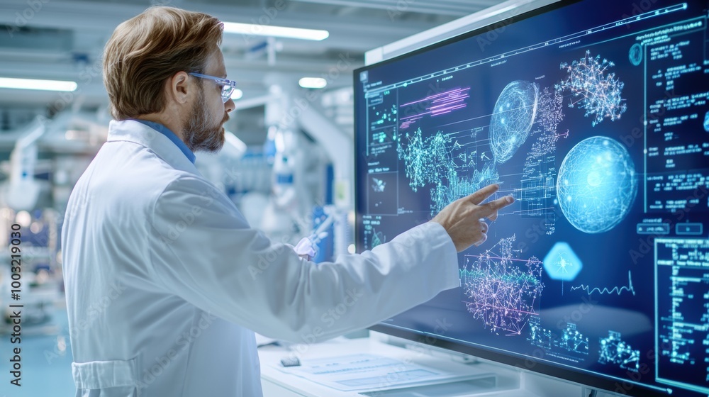Poster scientist analyzing data on a digital screen