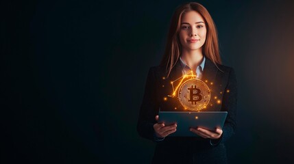 cryptocurrency bitcoin concept. young woman in suit holding a laptop with cryptocurrency bitcoin.