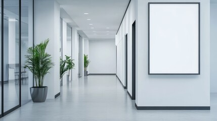 Empty Office Hallway with Large Blank Picture Frame