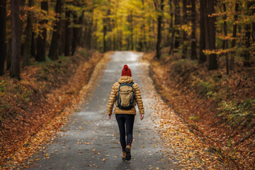 Woman hiking in autumn forest. Female tourist with backpack walking on road in woodland
