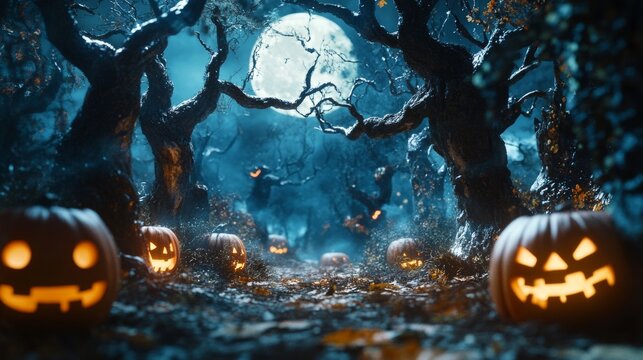 The forest is spooky, with scarier black trees and pumpkins on the ground. Stock photo. Background, wallpaper.