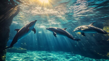 Obraz premium Water dolphins swimming in HD 8K wallpaper Stock Photo Image