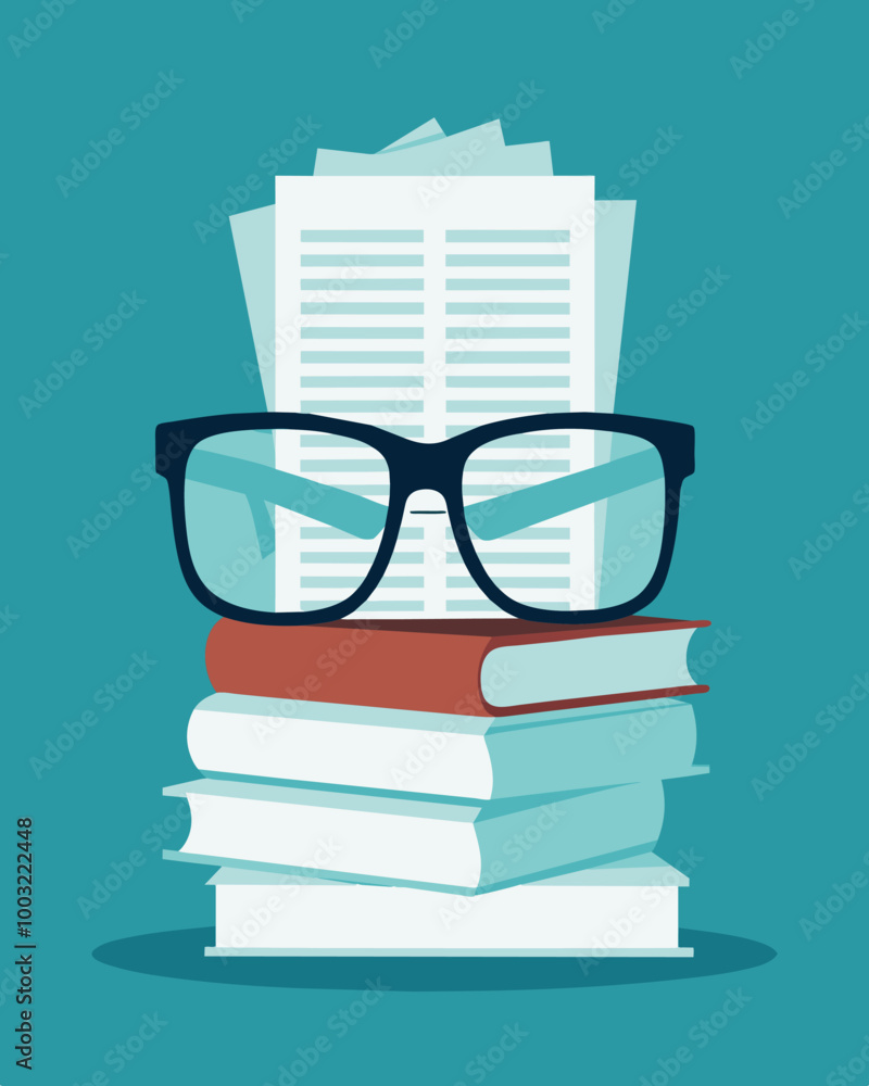 Poster a pair of glasses lying on top of a stack of unpaid bills their owner unable to afford new ones afte