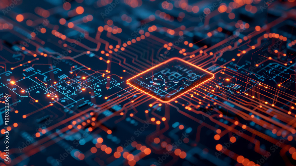 Poster ai abstract chip. computer data processor futuristic digital. neon glowing circuit board background.
