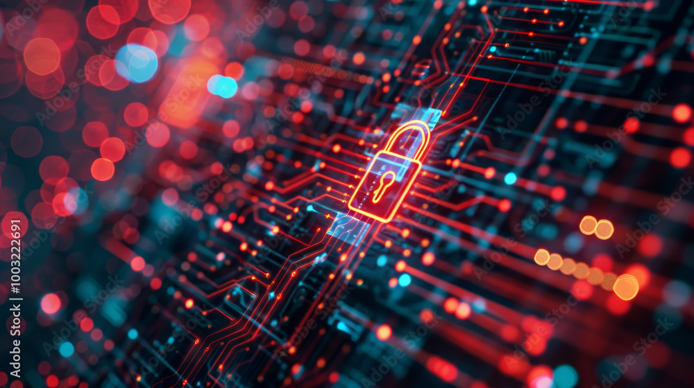 Poster ai artificial intelligence digital futuristic lock symbol on neon red glowing wireframe grid circuit
