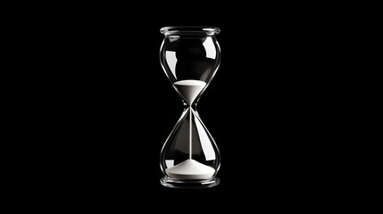 A solid black background with a silver hourglass resting upright in the middle. Hourglass on a black background.


