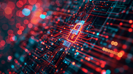Fototapeta premium AI artificial intelligence Digital futuristic lock symbol on neon red glowing wireframe grid circuit board presentation background. Technology futuristic security computer datum privacy safety