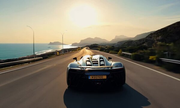 A supercar cruising along a scenic coastal highway