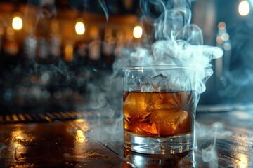 A glass of alcohol with smoke coming out of it, generative ai image