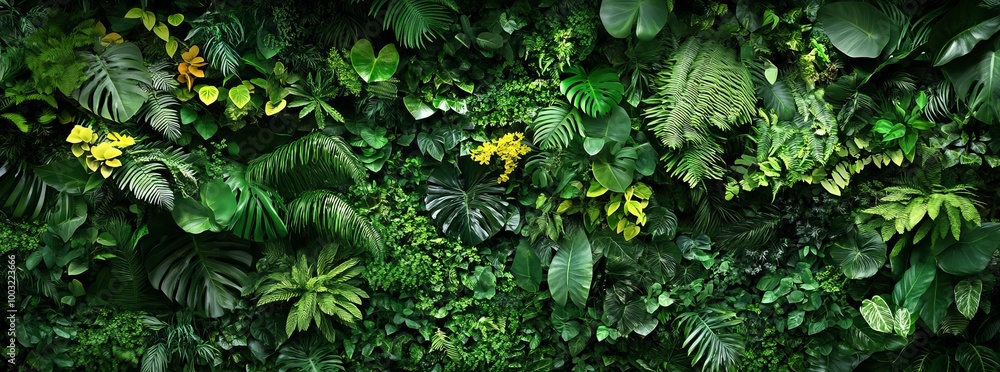 Poster a close up photograph of background green leaves texture and abstract nature background. tropical gr