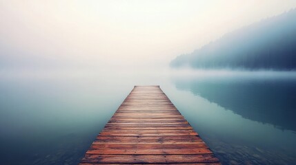 Fototapeta premium Stylish flat rectangle with lake dock. Sunrise, fog, calm water. Relaxing nature wallpaper.