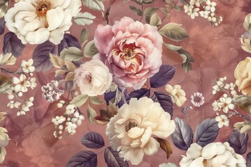 A floral patterned wall covering with a mix of white and orange flowers