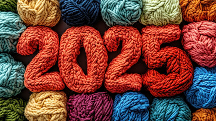 Numbers 2025 made of knitting threads surrounded by balls of yarn. Happy New Year. Top view. Horizontal banner. Merry Christmas. For handicraft shop, store of thread, haberdashery. Holiday template