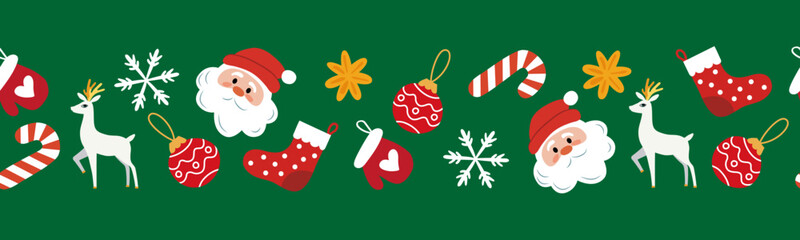 Christmas and New Year's endless border with cute winter decor elements on a green background. Seamless vector repeating pattern. Flat cartoon illustration for textiles, postcards, banners, posters,