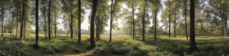 Obraz premium Ponorama - Morning Myst in the woods with sunshine