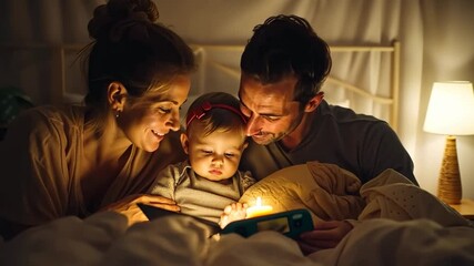Family reading a bedtime story together under warm lamp light, creating cozy moments.