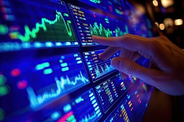 Obraz premium Hand interacting with a stock market chart, displaying financial data and graphs.