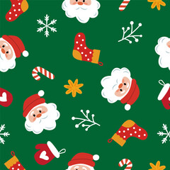 An endless Christmas pattern with cute winter decor elements on a green background. Flat cartoon illustration for postcards, banners, posters, packaging, paper. Seamless vector repeating pattern.