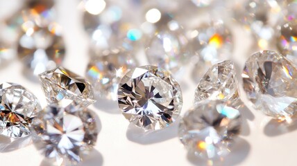 A close-up of sparkling diamonds with reflections, set against a white background. The focus is on the clarity and shine that mesmerizes viewers as they gaze at each diamond's unique beauty. 
