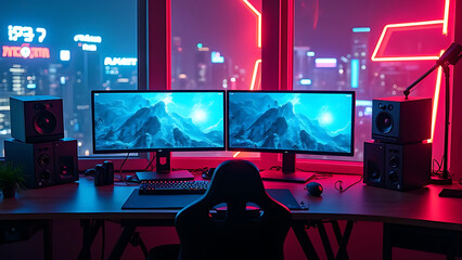 Neon gaming setup monitors