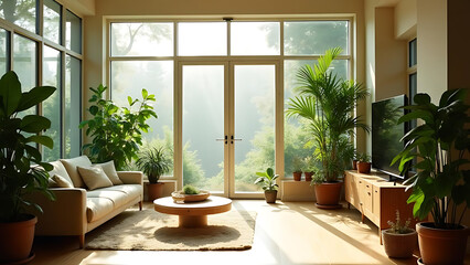 green living room with a window background