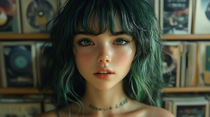 Fototapeta premium Portrait of a young woman with green hair and brown eyes