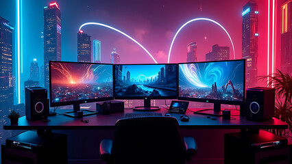 Gaming neon room monitors