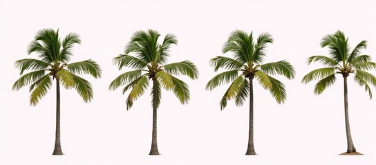 Vibrant coconut palm trio against pure-white backdrop concept for tropical vacation or floral photography