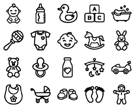 Set of baby icons representing toys and accessories in a simple and minimalist style
