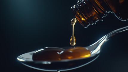 Close-up of drops from a medicine bottle falling onto a spoon, capturing the precise moment and the liquid's clarity, emphasizing care and dosage.