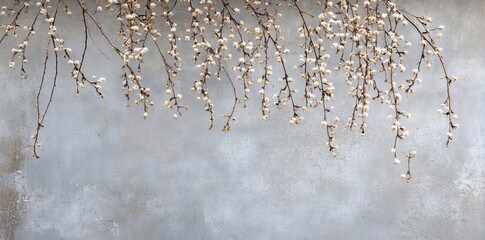 Obraz premium In the loft style, watercolor grunge illustration for photo wallpapers, packaging, mural design. A plant hangs on a gray concrete wall.