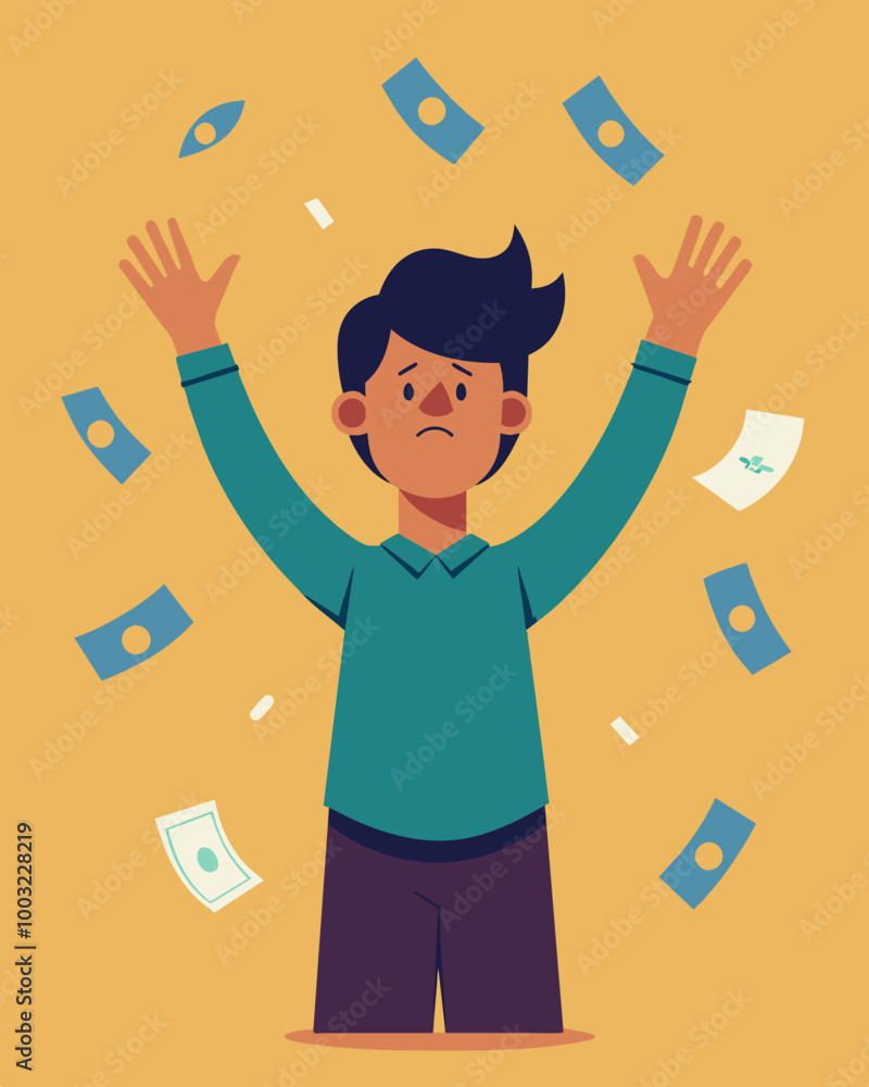 Poster a person holds their hands up in defeat surrounded by multiple bills as they realize they may not be