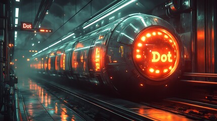 Futuristic Train Station with Neon Lights and a Sleek Train