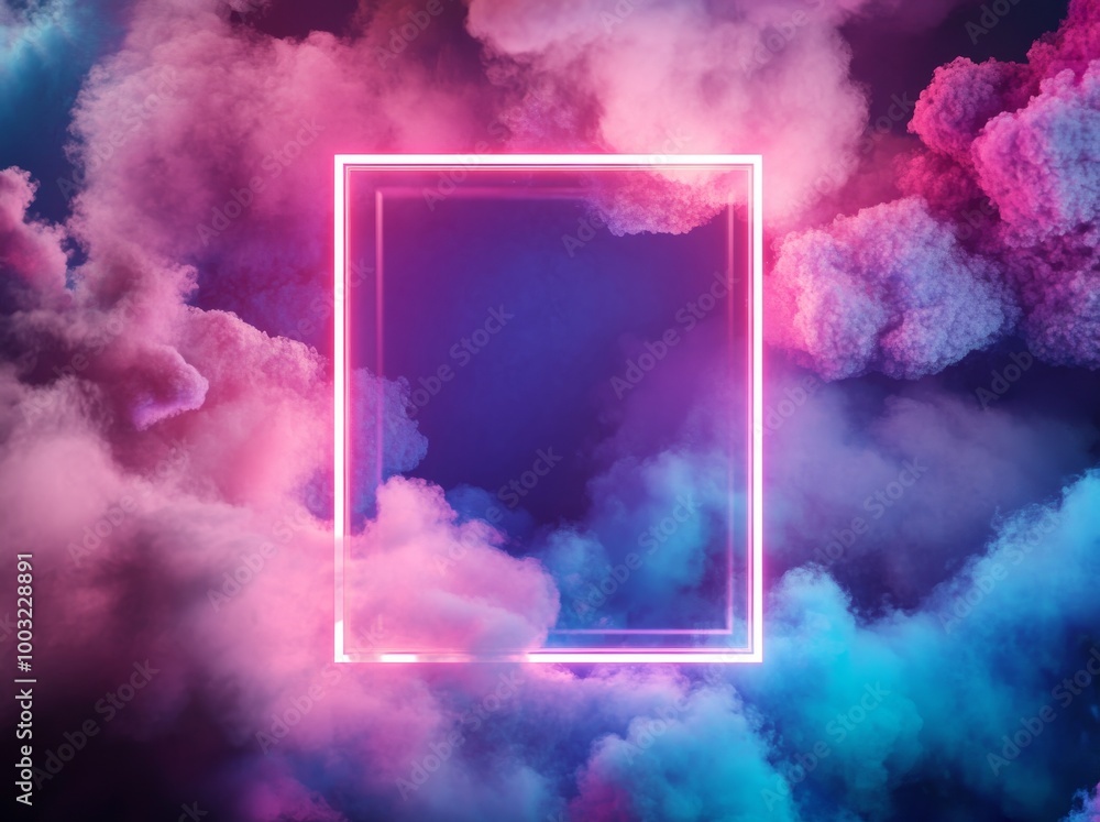 Poster rendering of an abstract geometrical background with a square neon frame and pink-blue cloud glowing