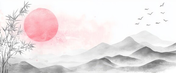 Obraz premium With mountains, hills and sun, this abstract modern watercolor banner is perfect for wallpaper design, wall decor, interior design, or web graphics.