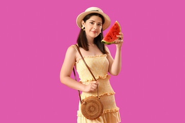 Young woman with fresh watermelon on purple background
