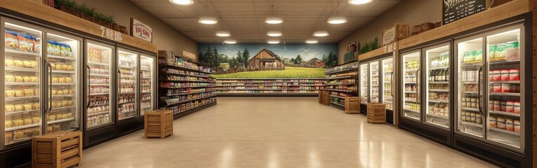 Bright Grocery Store Aisle with Well-Organized Shelves of Products