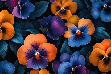 A pattern of vibrant pansies in shades of orange, blue and purple on black background The flowers have detailed petals with green leaves around them Generative AI