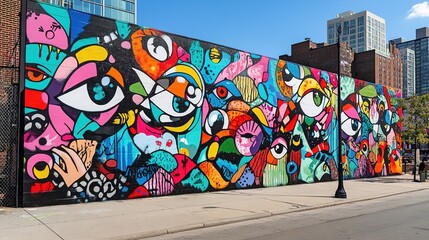 A dynamic street art mural with bold colors and graffiti-style characters, adding a pop of...