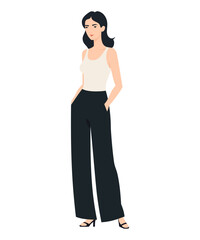 Vector illustration of a girl in a minimalistic look with a white top and black pants, suitable for everyday wear.
