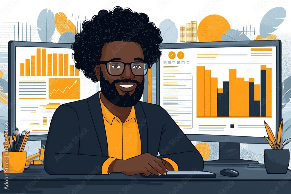 Poster a smiling businessman with an afro is working on a computer in a modern office.