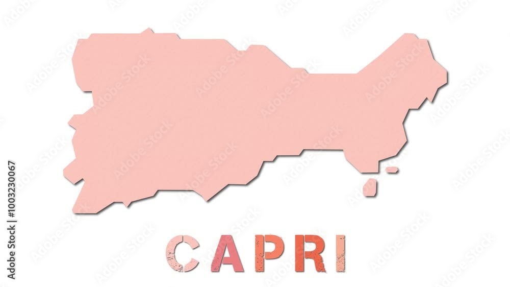Poster capri map with paper regions. animated island map growing from regions and title letters falling dow