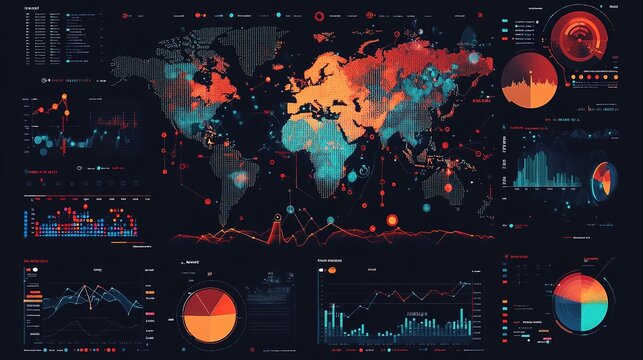 A dynamic data visualization infographic with heat maps and scatter plots to represent geographical and quantitative data