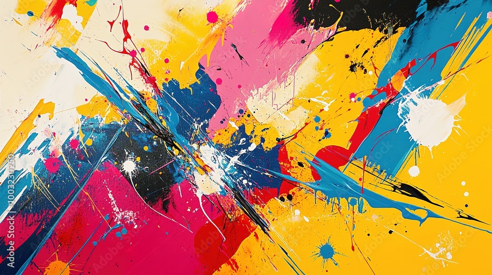 Poster a dynamic abstract painting with splashes of bright colors and sharp lines, capturing a sense of ene