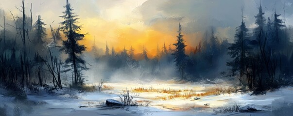 Fototapeta premium For a banner or wallpaper, this is an illustration of a winter christmas scene landscape