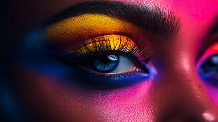 Vibrant Close-up of Colorful Eye Makeup with Blue Iris